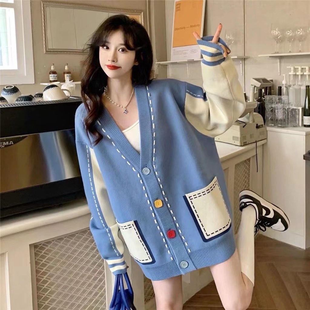 Áo Khoác Cardigan Dệt Kim Phối Màu Tương Phản Phong Cách Retro Thời Trang Thu Đông Mới