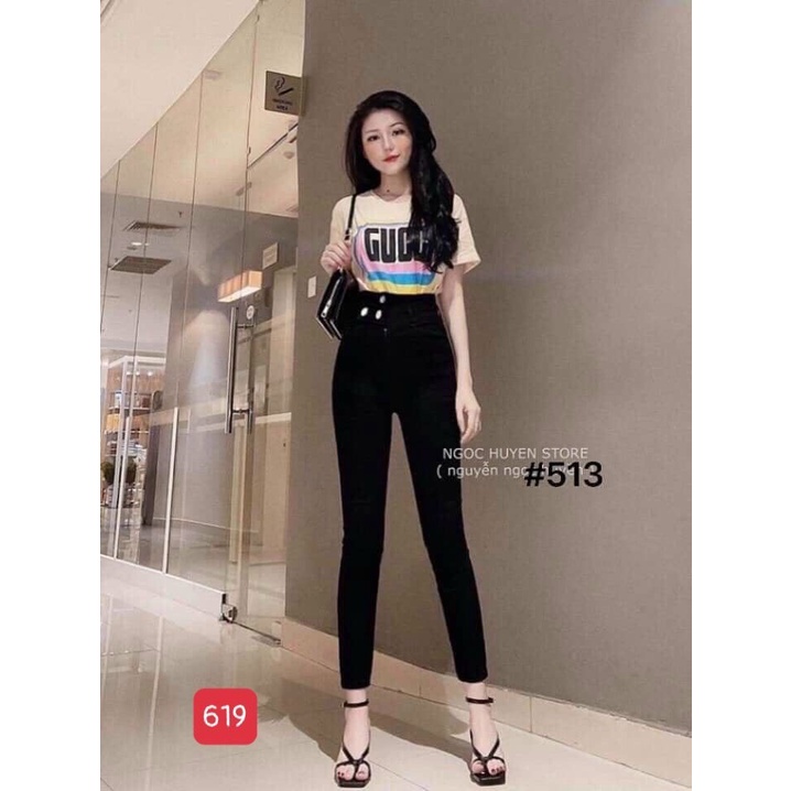 Quần Jean Nữ đen trơn ❤️FREESHIP❤️ Quần bò nữ cao cấp phối 3 nút lệch siêu cute thời trang A-T Fashion-QJNU619