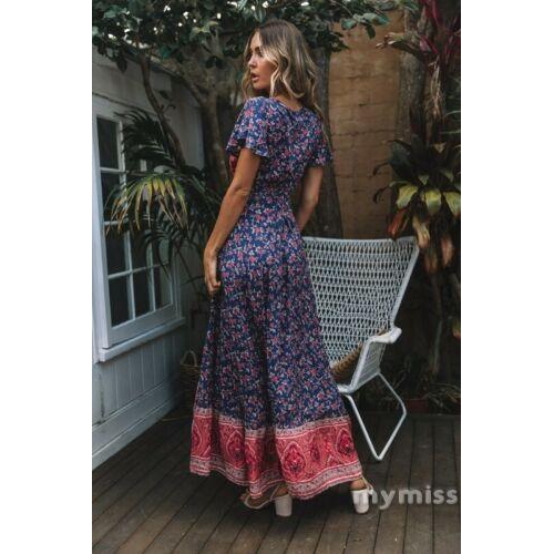 Đầm hoa hai dây cổ V nhún bèo phong cách boho thời trang cho nữ