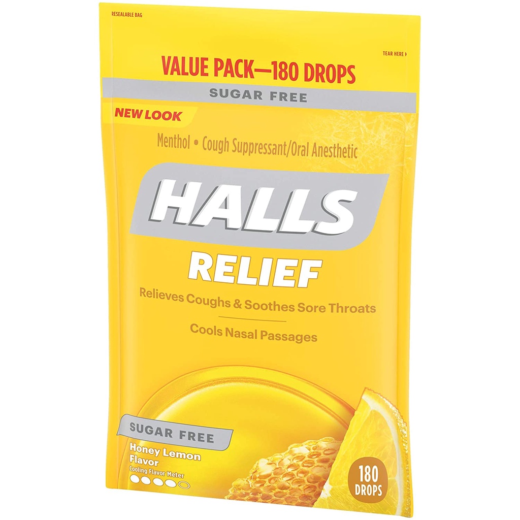 Kẹo ngậm ho HALLS Sugar Free Honey Lemon Flavor Cough Drops 180 viên.