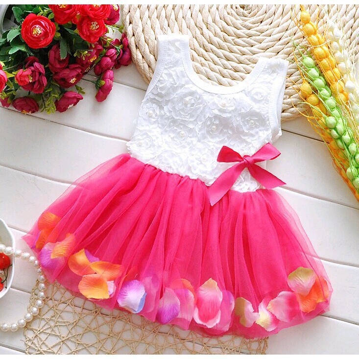 Đầm xòe phối ren lưới đính nơ xinh xắn cho bé gái