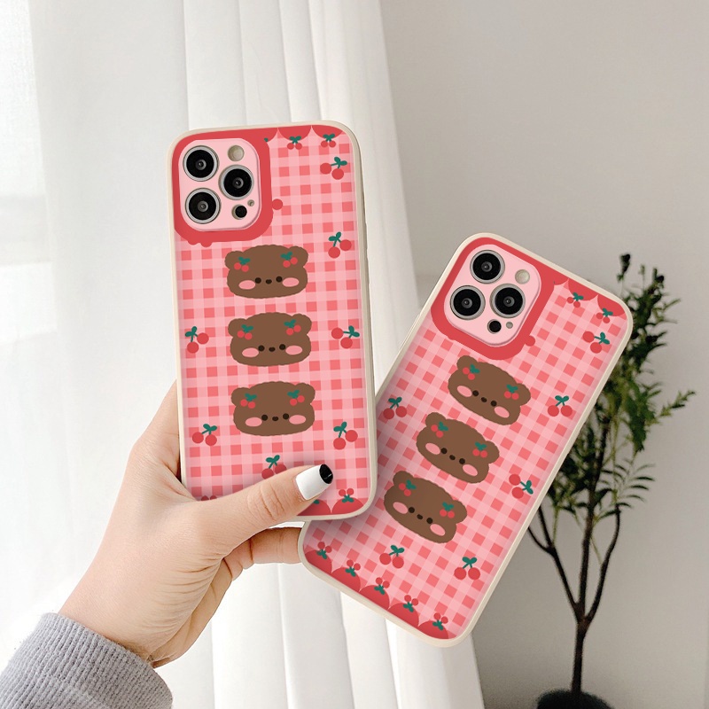 Ốp Iphone 3 chú gấu Cherry ốp lưng iphone cạnh vuông đủ mã từ 6 đến 13promax
