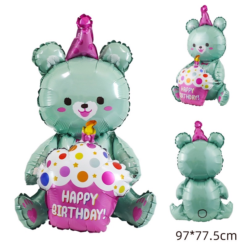 Bóng trang trí gấu ôm bánh kem, gấu teddy