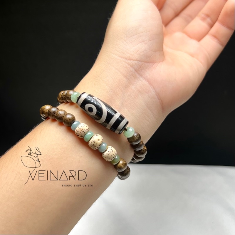 Vòng tay trầm gió vườn 6.8mm mix dzi 2 mắt