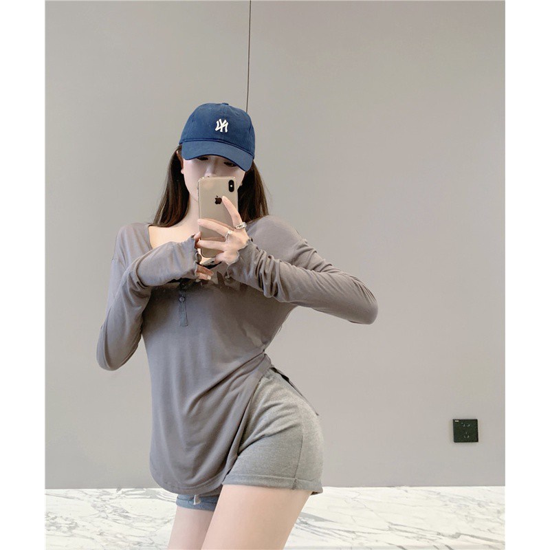 Áo thun COZOKC lụa dài tay dáng ôm thiết kế lệch tà cá tính thời trang cho nữ