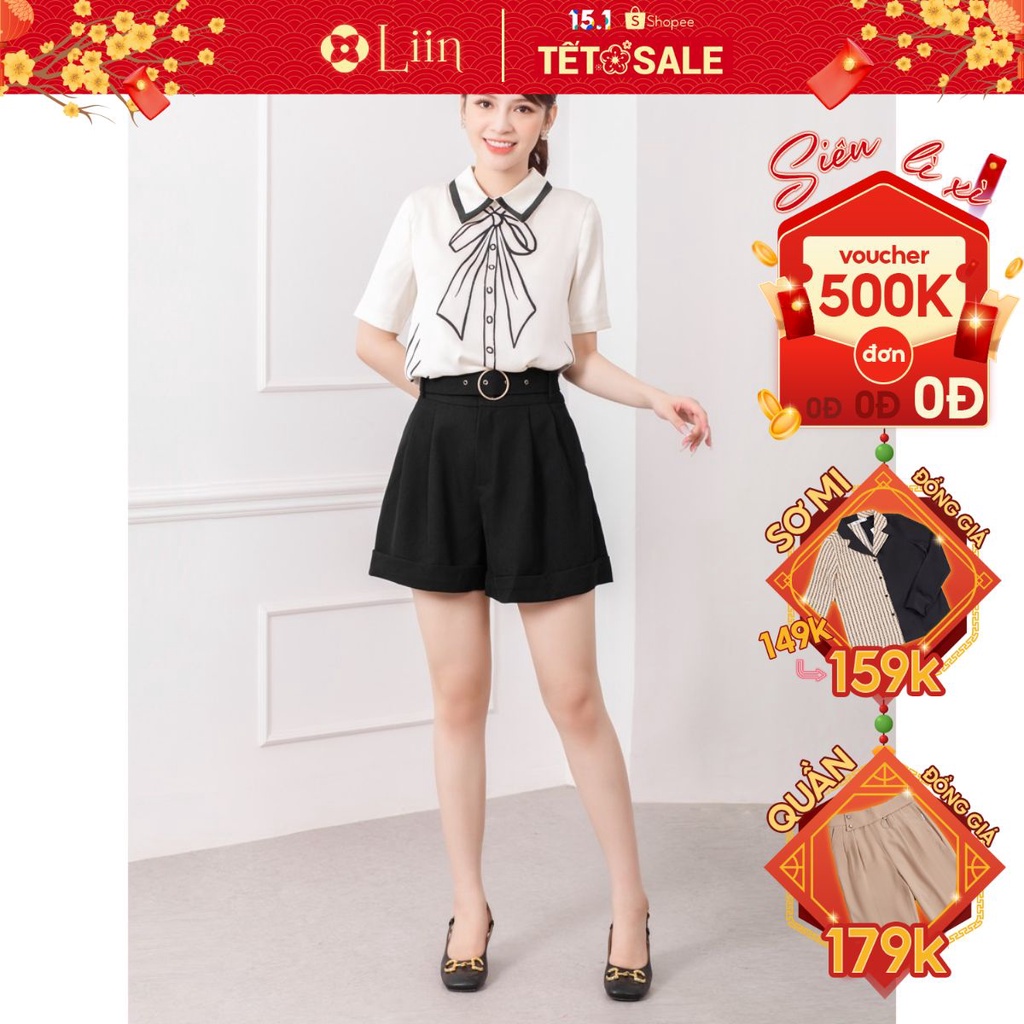 Quần đùi nữ Linbi màu đen, thiết kế kèm đai tròn xinh xắn Liin clothing Q3514