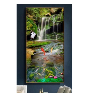 Tranh dán tường 3D phong cảnh thiên nhiên thác nước cá tài lộc SU-10 KS 50 x 100 cm