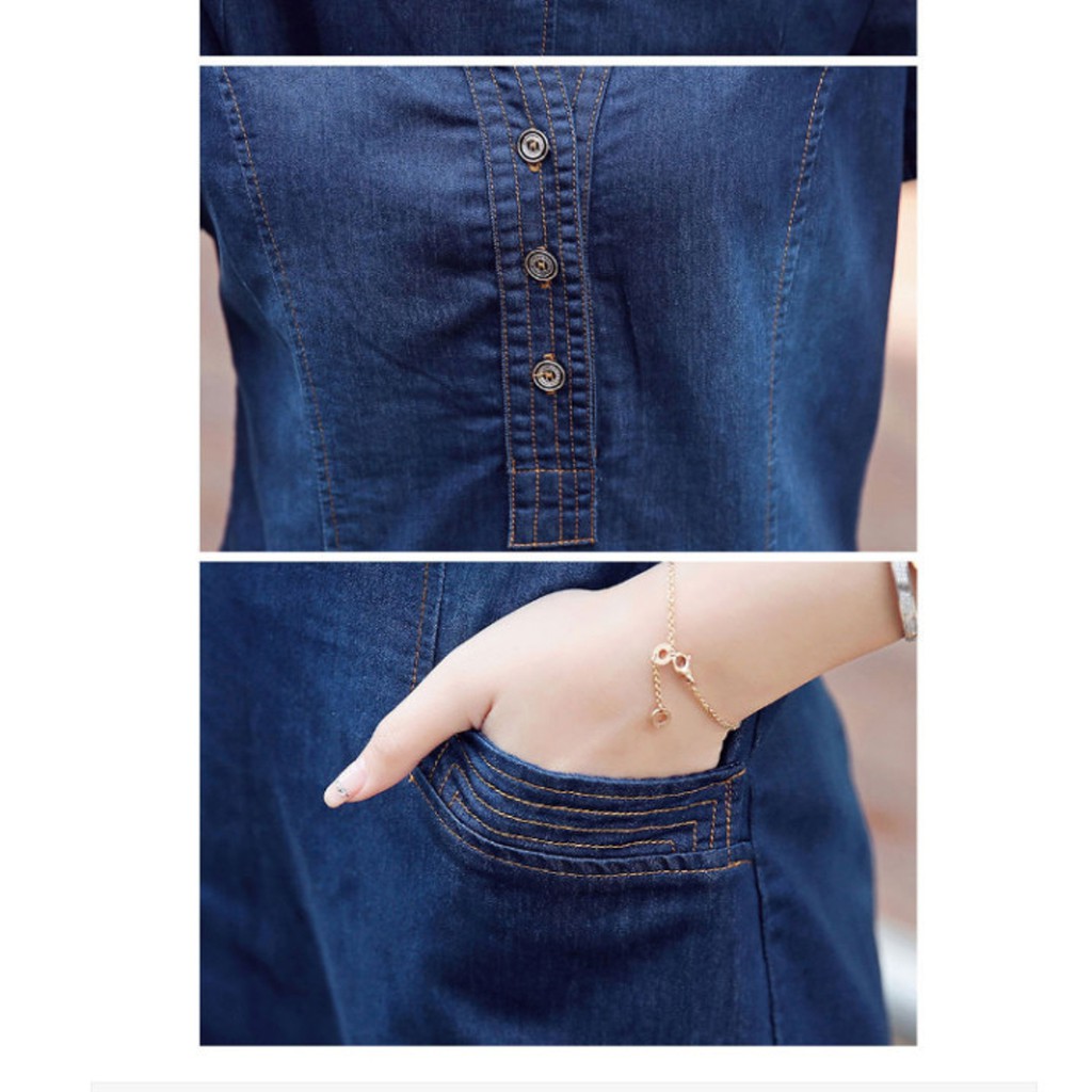 Đầm jean cổ v nẹp viền phối túi có size XXL kèm hình ảnh thật