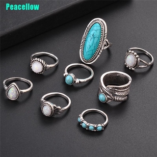 Bộ 8 Nhẫn Bạc Đính Đá Opal Phong Cách Bohemian