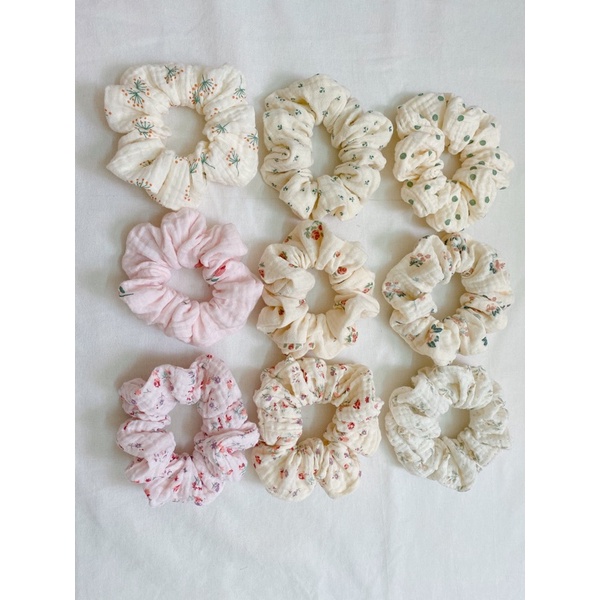 Dây cột tóc Scrunchies vải muslin/ linen hoa