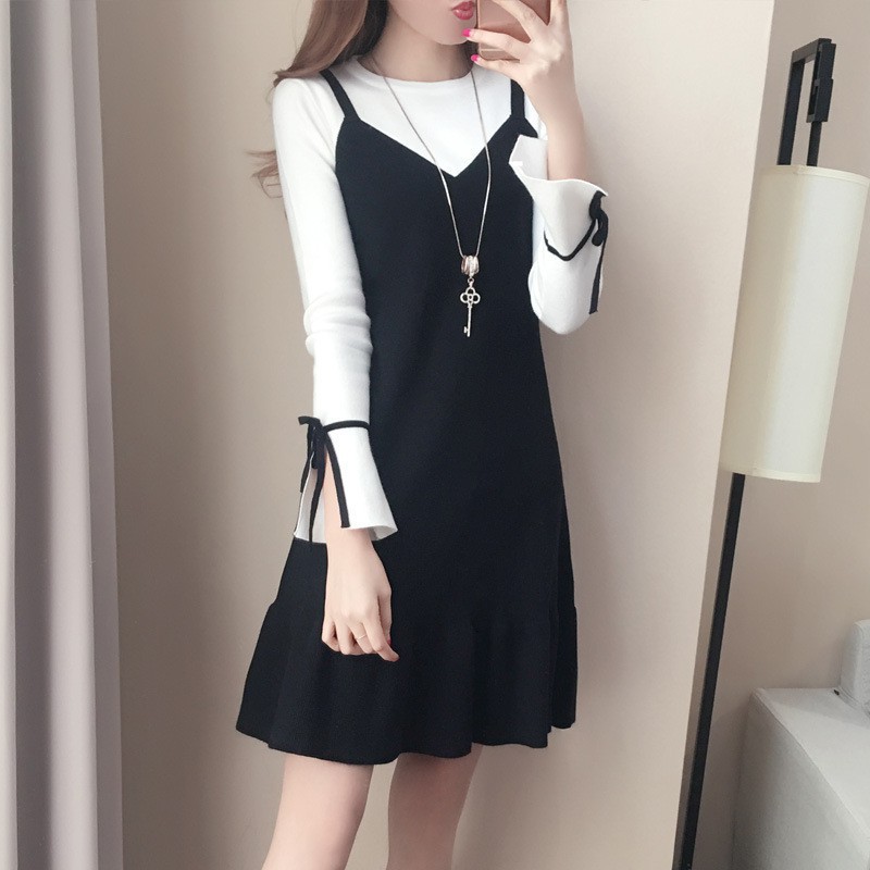 Đầm nữ giả yếm phối tay loe thắt nơ nữ tính