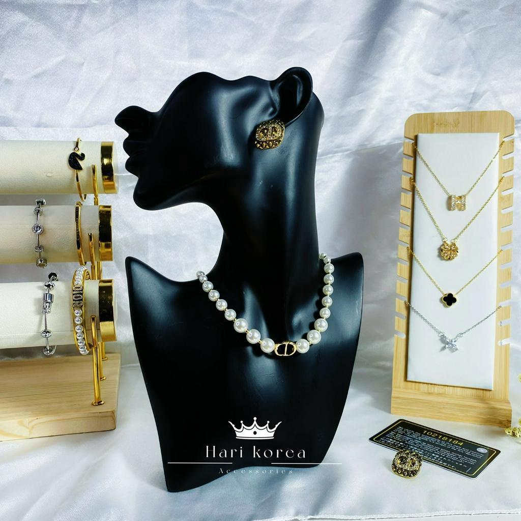 Sét trang sức ngọc CD gồm dây chuyền &amp; khuyên tai vòng cổ ngọc sang chảnh phụ kiện trang sức Hari korea accessories