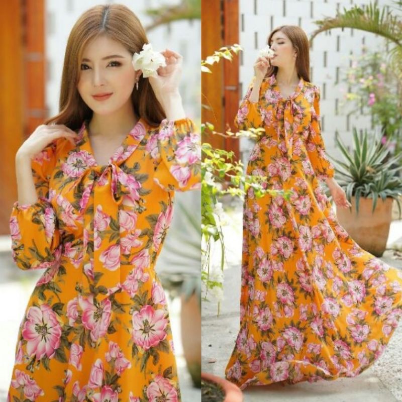 Đầm maxi hoa tay dài cột nơ cổ nhúng eo CAO CẤP