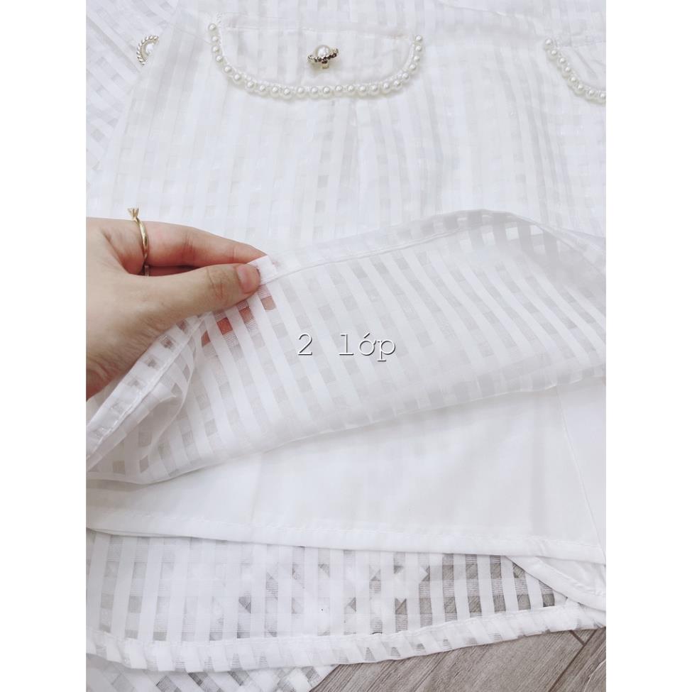 SET ÁO KÈM CHÂN VÁY KẺ VIỀN NGỌC TÚI TRƯỚC