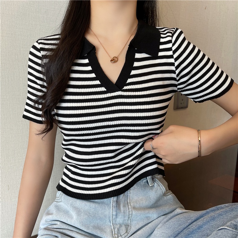 Áo thun SUXI polo dệt kim tay ngắn họa tiết kẻ sọc thời trang Hàn Quốc dễ phối đồ cho nữ