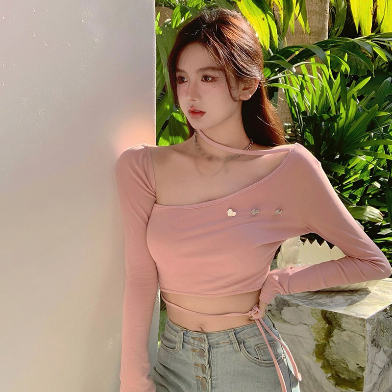 Áo Thun Croptop Tay Dài Màu Sắc Đơn Giản Thiết Kế Lệch Tà Quyến Rũ Thời Trang Cho Nữ