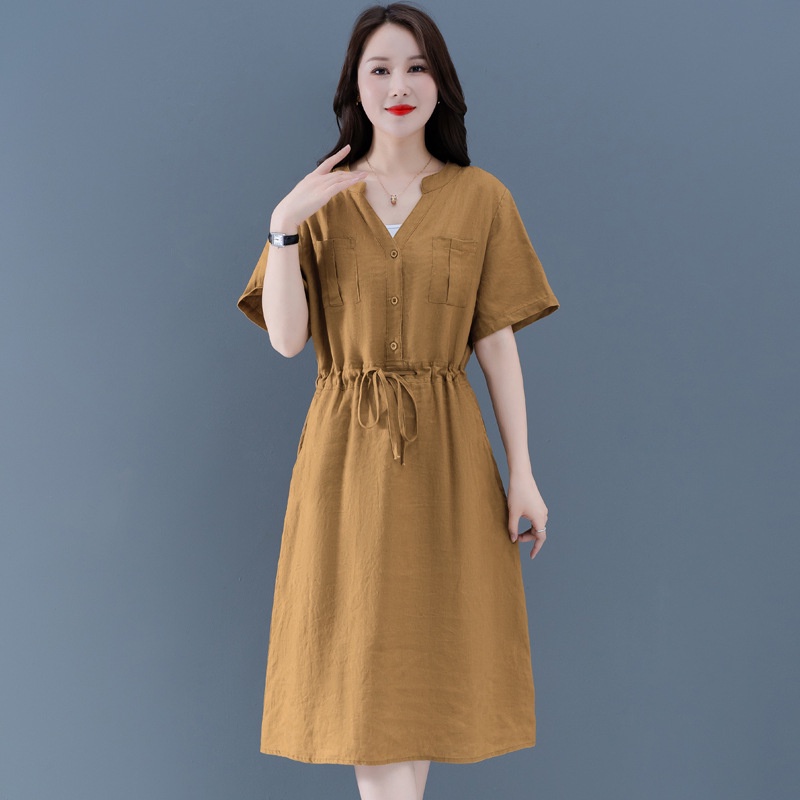 ( HÀNG SẴN) Đầm suông linen cổ V thắt eo 2 màu,thời trang nữ phong cách trẻ trung hàng mới về