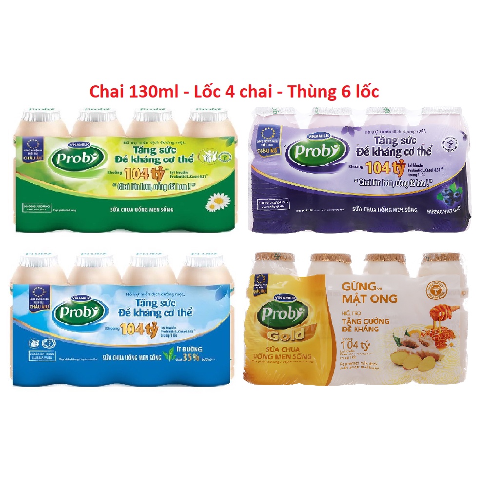 Sữa Chua Uống Probi Có Đường/Ít đường/Việt quất/ Mật ong Nghệ - Lốc 4 Chai 130ml