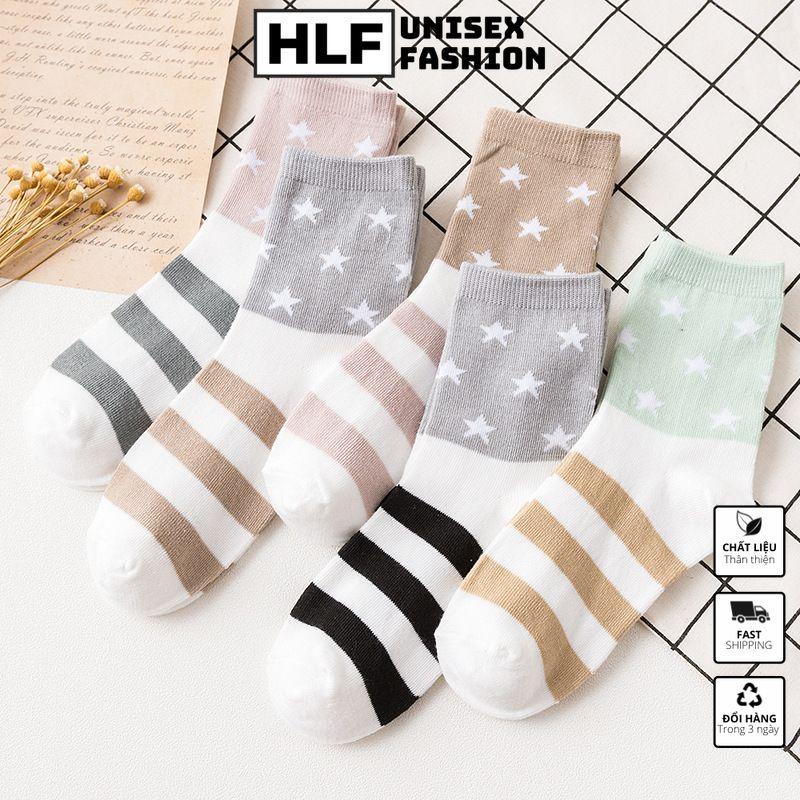 Tất vớ nữ Cotton cổ tròn in ngôi sao sọc, tất vớ cổ cao HLFashion