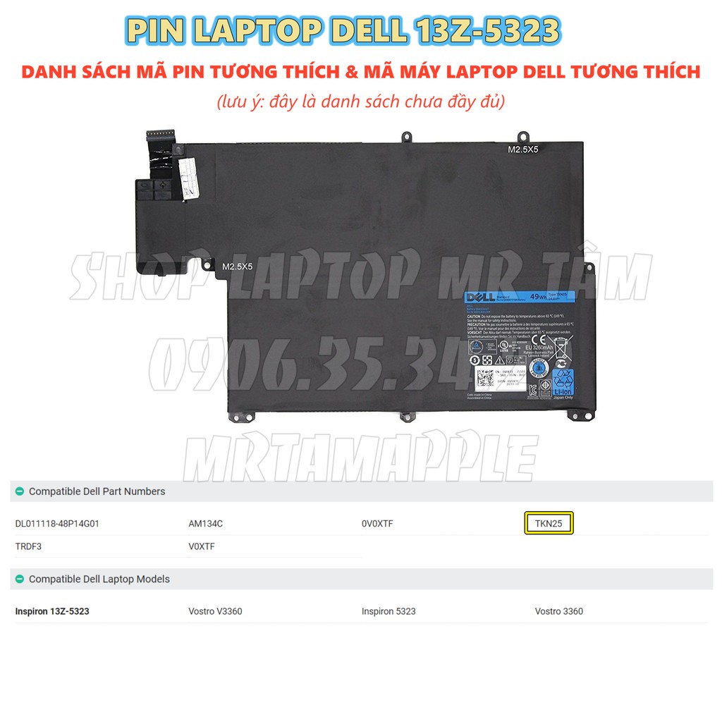 Pin Laptop DELL 13Z-5323 (ZIN) - 4 CELL - Vostro 3360, Inspiron 13z-5323, TKN25, 0V0XTF, RU485 (Cell dẹp)