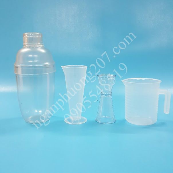 4 dụng cụ đong định lượng pha chế giá rẻ (1 Ly 100ml, 1 Ca 300ml, 1 Jigger 2 đầu, 1 Shaker 530ml)