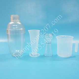 4 dụng cụ đong định lượng pha chế giá rẻ (1 Ly 100ml, 1 Ca 300ml, 1 Jigger 2 đầu, 1 Shaker 530ml)