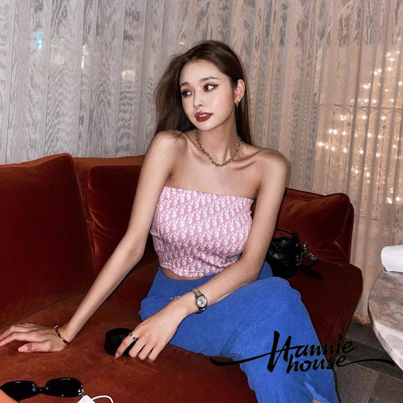 Áo ống cổ vuông in chữ thời trang cho nữ