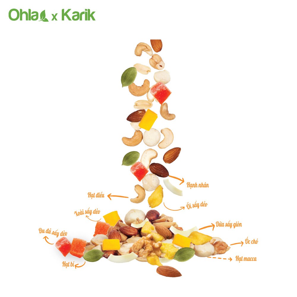 Combo Ăn khỏe - Sống trẻ Karik x Ohla gồm Ngũ cốc dinh dưỡng sáng và tối 180g và Trái cây mix hạt 100g