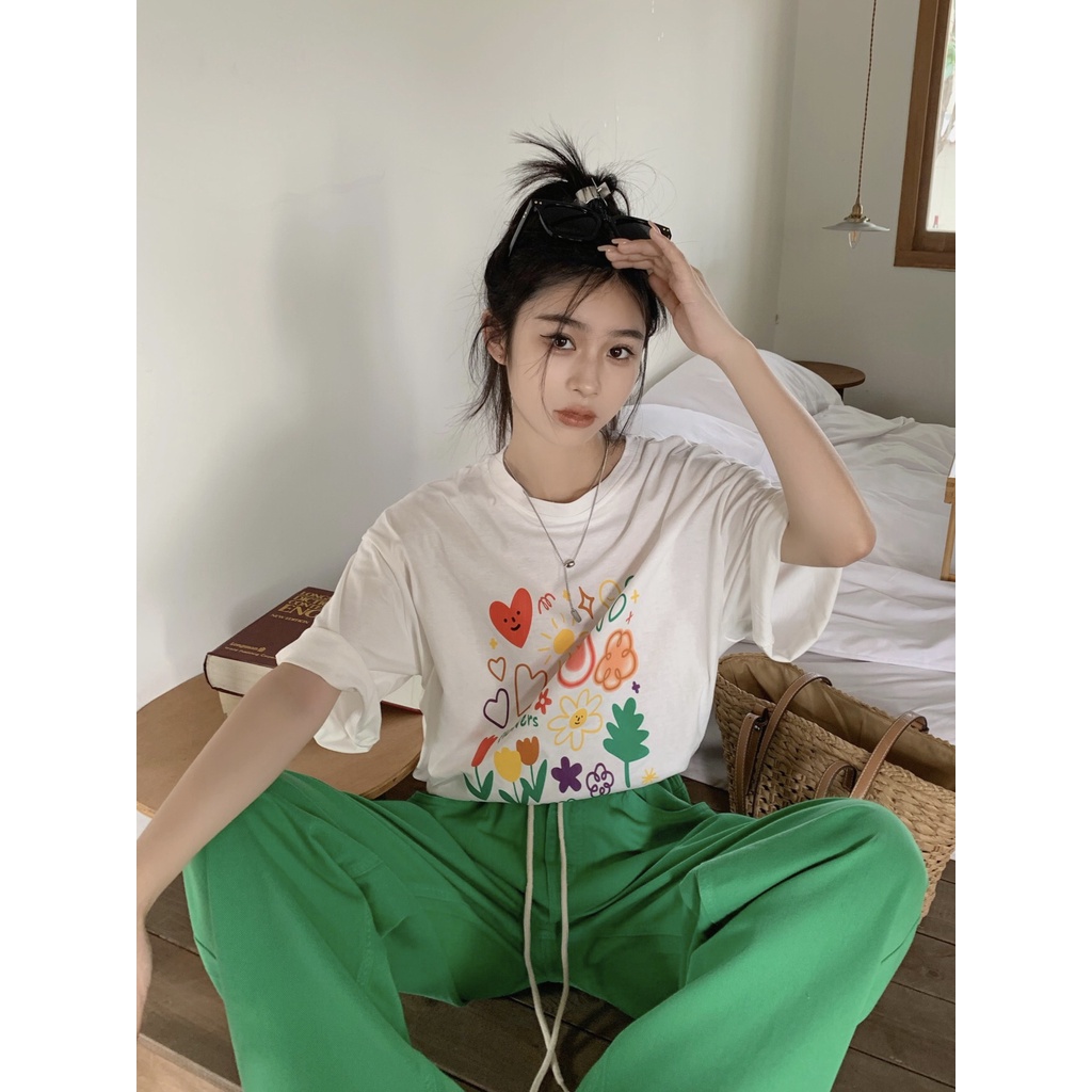 Áo Thun Ngắn Tay Cổ Tròn In Họa Tiết Hoạt Hình graffiti Phong Cách Hàn Quốc Dễ Phối Đồ Thời Trang Mùa Hè Cho Nữ