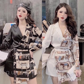 Set áo kiểu phối hình ngựa cổ vest tay dài + chân váy đắp tà