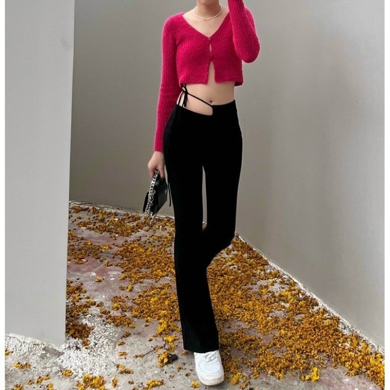 Quần dài ống loe cạp cao cut out cột eo  Unnie quần thun legging ôm nâng mông ống bát, quần thun tập