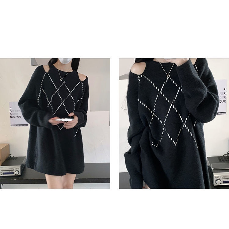Áo sweater dệt kim kiểu dáng rộng trễ vai thời trang phong cách thu đông cho nữ