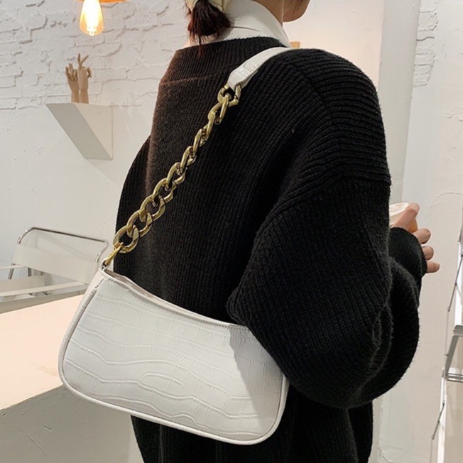 Túi đeo chéo, túi kẹp nách nữ đeo vai dây da phối xích phong cách Hàn Quốc kèm