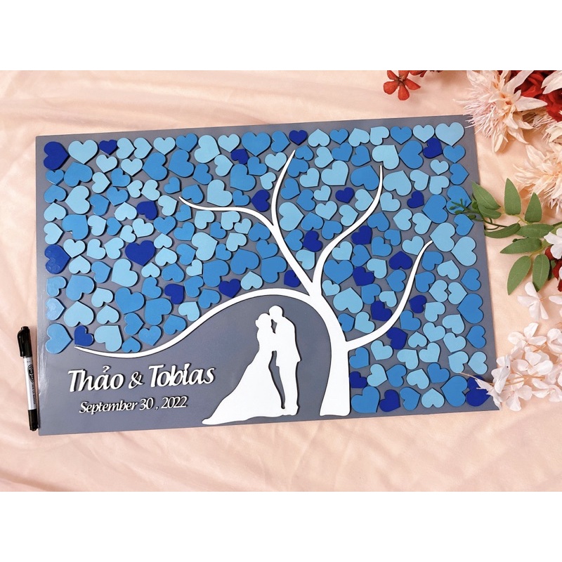 Wedding guestbook - Tranh ký tên gỗ-Tranh ký tên đám cưới màu xanh| TGSWEDTREE010