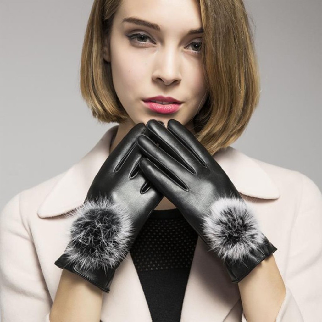 Găng tay da nữ lót lông cảm ứng điện thoại Kiểu dáng Hàn Quốc Bao tay da siêu ấm