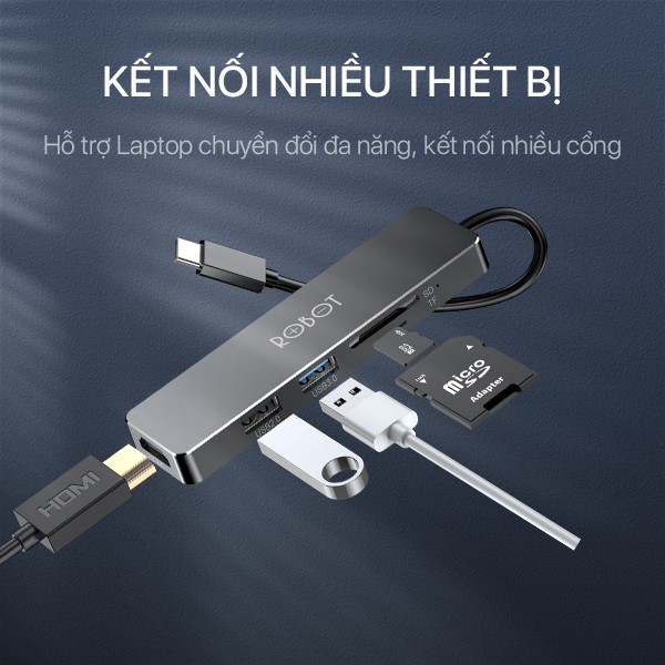 HUB USB-C Chuyển Đổi Đa Năng 5 In 1 Type-C To USB 3.0/HDMI/PD/SD/TF ROBOT HT240S