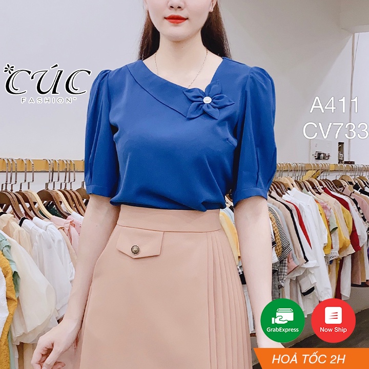 Áo sơ mi nữ tay lỡ cao cấp công sở Cúc Fashion A411 somi lụa hoa tay bồng