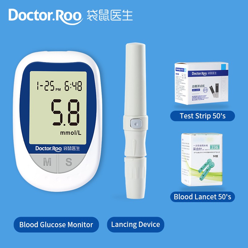 Bộ Doctor.Roo với máy đo đường huyết / máy theo dõi đo bệnh tiểu đường với que thử 50 và kim 50