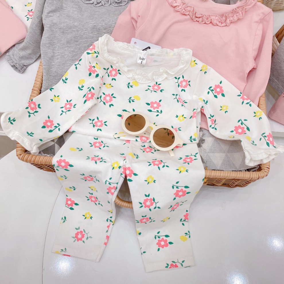 Bộ Quần Áo Dài Tay Mùa Thu In Hình Hoa Ren Cổ Xinh Xắn Vải Cotton Cho Bé Từ 6-16kg Mã DT16