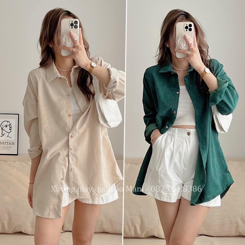 Áo sơ mi nhung tăm nữ, kiểu áo sơ mi dài tay form rộng freesize unisex khoác ngoài nhiều màu phong cách năng động