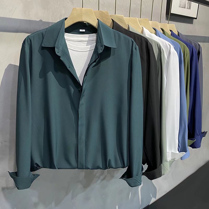 Áo Sơ Mi Tay Dài Bằng polyester Màu Trơn Phong Cách Hàn Quốc Thời Trang Cho Nam