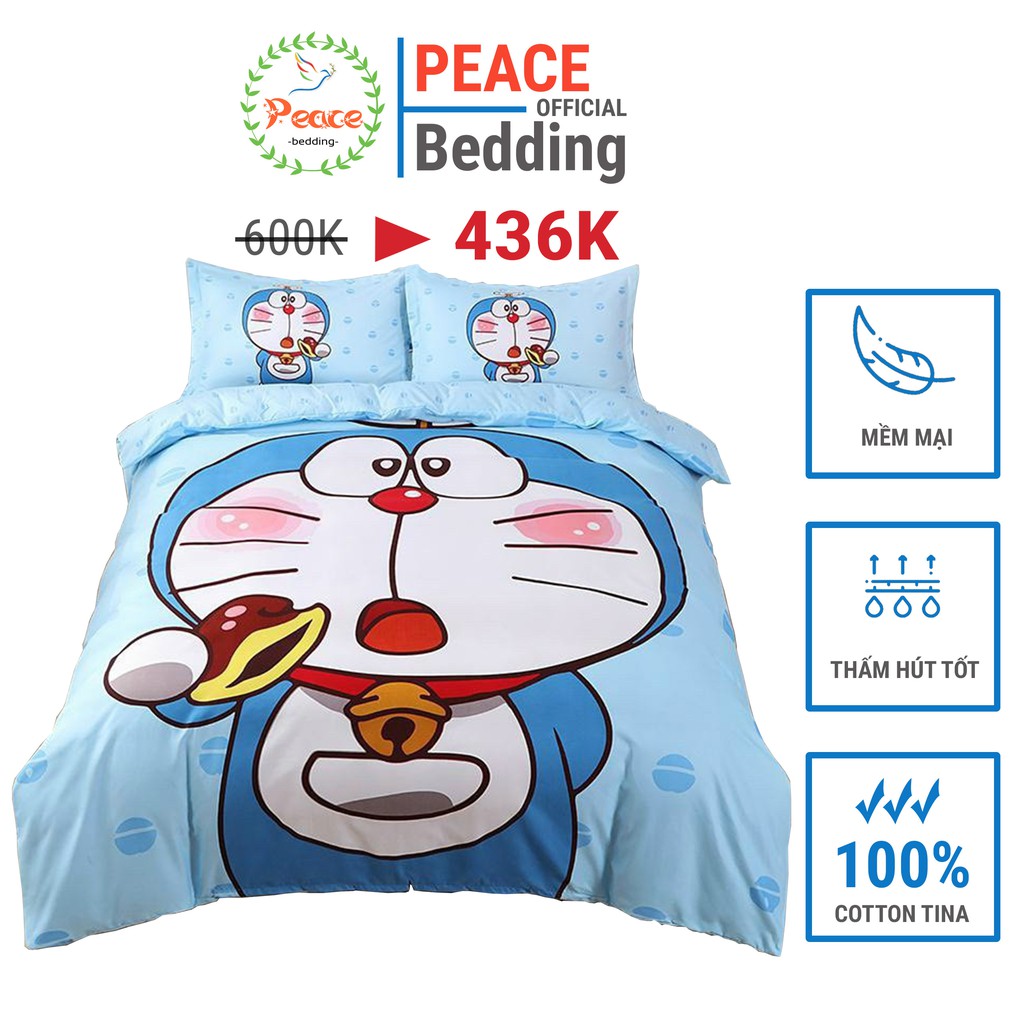 Set Chăn Ga Gối Doremon và Bánh Dorayaki Chất Liệu Coton Tina Cao Cấp Cho Đệm Kích Thước M2, M4, M6, M8, 2M