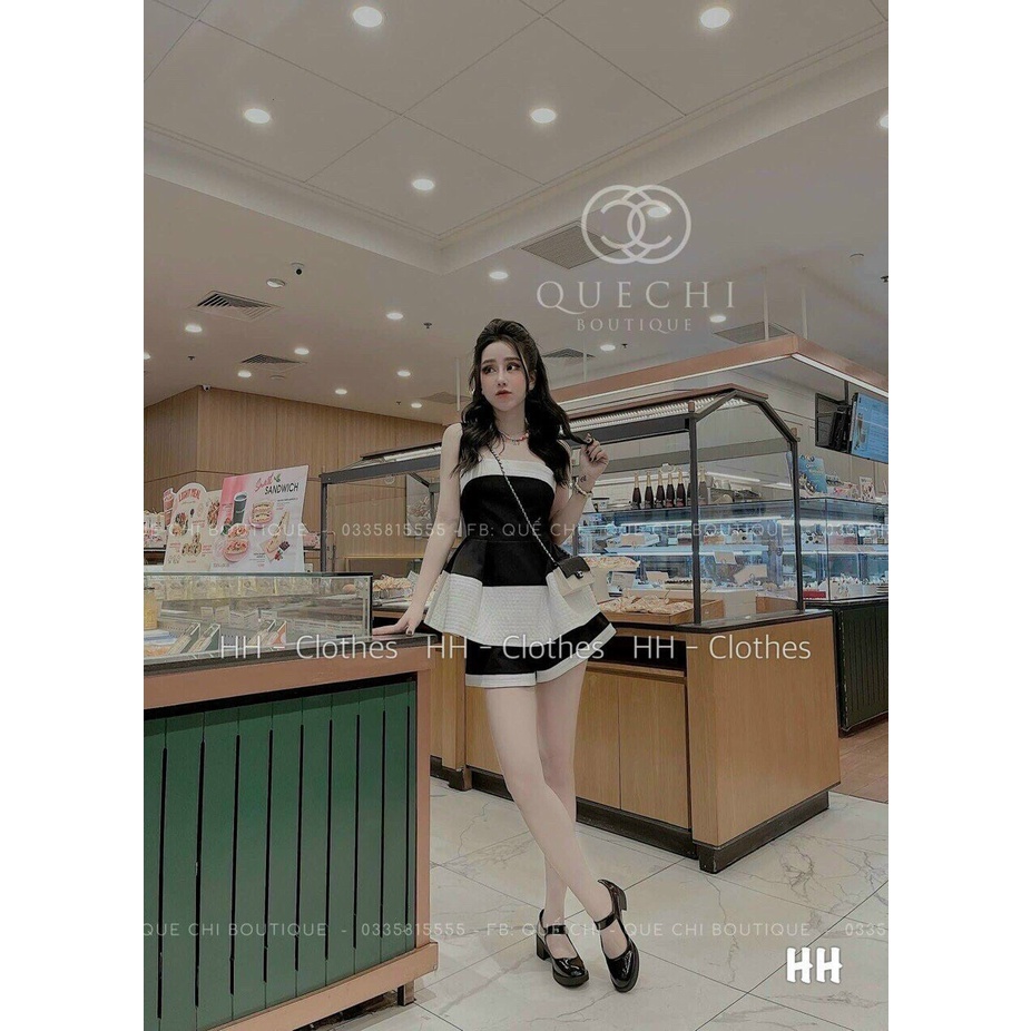 Set bộ đùi pelum áo 2 dây phối màu trằng, set tiểu thư dáng xòe mix quần short phồng đi chơi sang chảnh