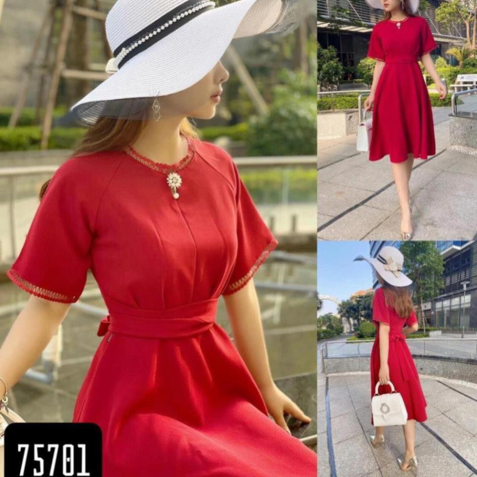 ĐẦM XÒE THẮT NƠ EO,CỔ TRÒN PHỐI VIỀN REN KÈM ĐÁ CAO CẤP