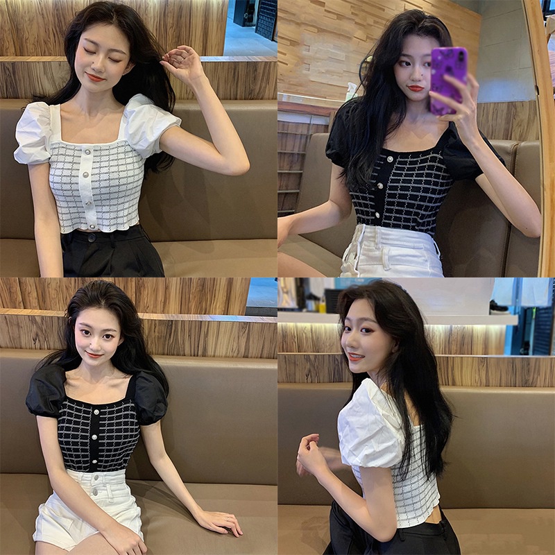 Áo Croptop Tay XòE SọC Caro Xinh XắN Cho Nữ