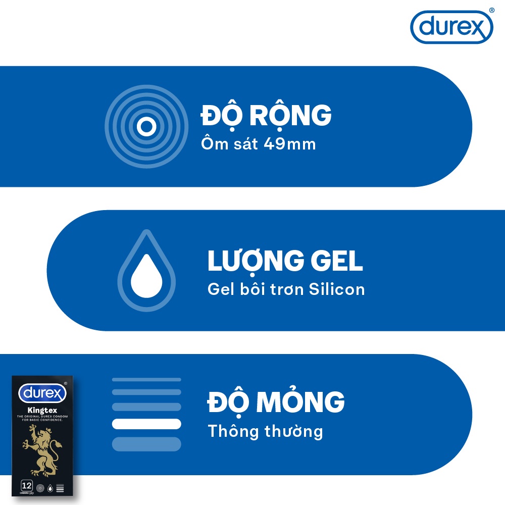 Bộ bao cao su Durex Kingtex ôm sát, bôi trơn size 49mm, 1 hộp 12 bao và 1 hộp 3 bao