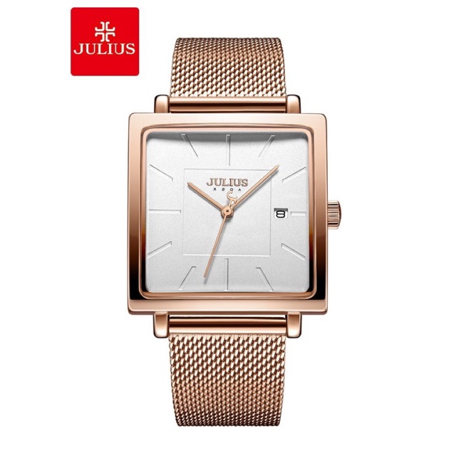 Đồng hồ unisex JULIUS Hàn Quốc JA-1207B mặt vuông dây thép có lịch (Đồng)
