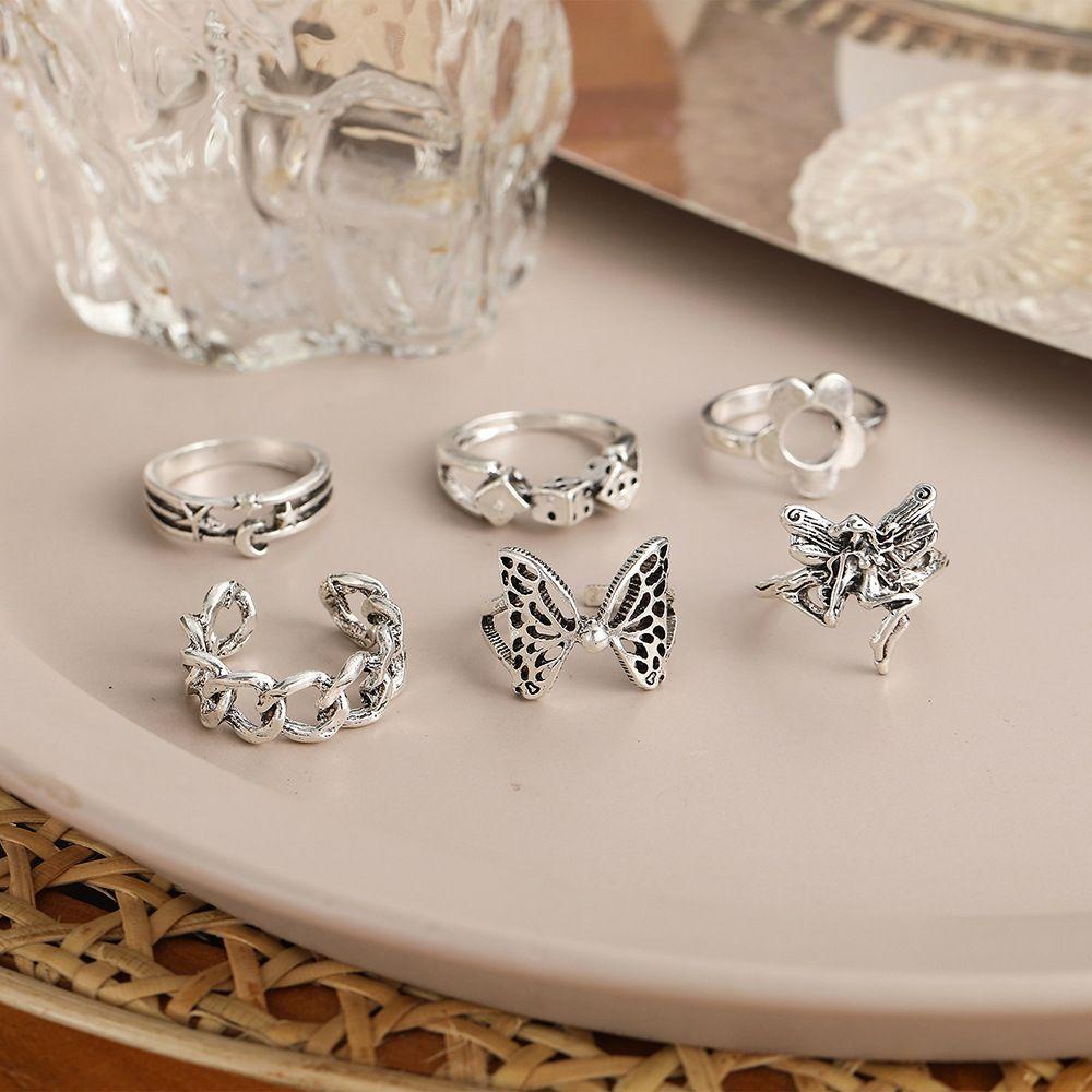 Bộ 6 Nhẫn Hình Bươm Bướm Phong Cách Gothic Hàn Quốc Cho Nam Nữ