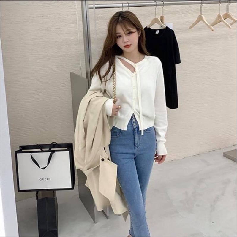 Áo len cardigan tay dài phối dây nơ cổ chéo nút trơn kiểu nữ - Order taobao quảng châu