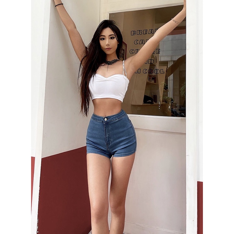 Quần short jean nữ Trơn Lưng form ôm, Quần Short Bò Cạp Cao Ulzzang Hàng Quảng Châu